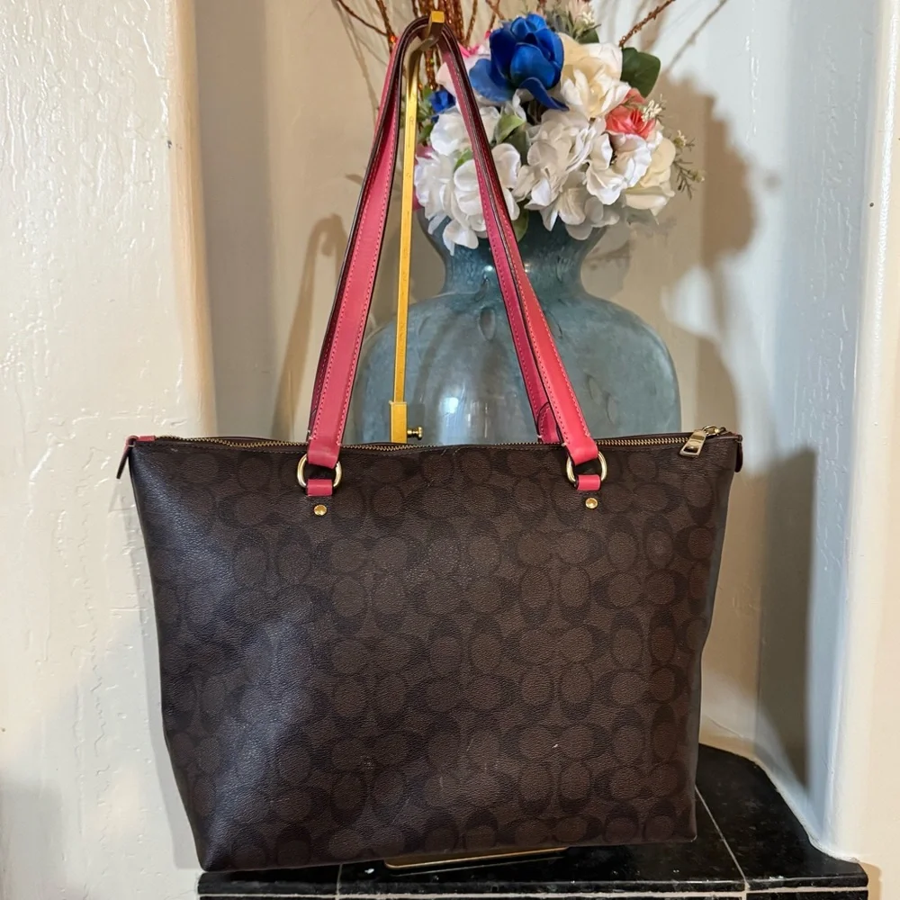 Coach Signature Brown Tote with Pink Trim